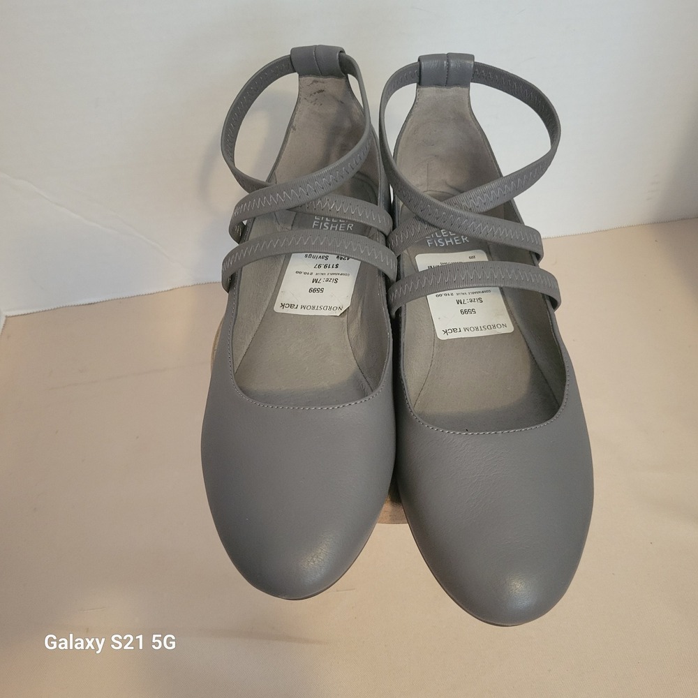 Eileen Fisher Poet Gray Leather Elastic Multi Strap Ballet Flats Shoes Womens 7M